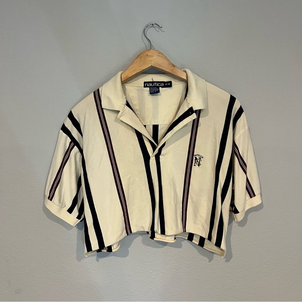 Vintage Nautical Woman’s Crop polo size medium cream blue stripe